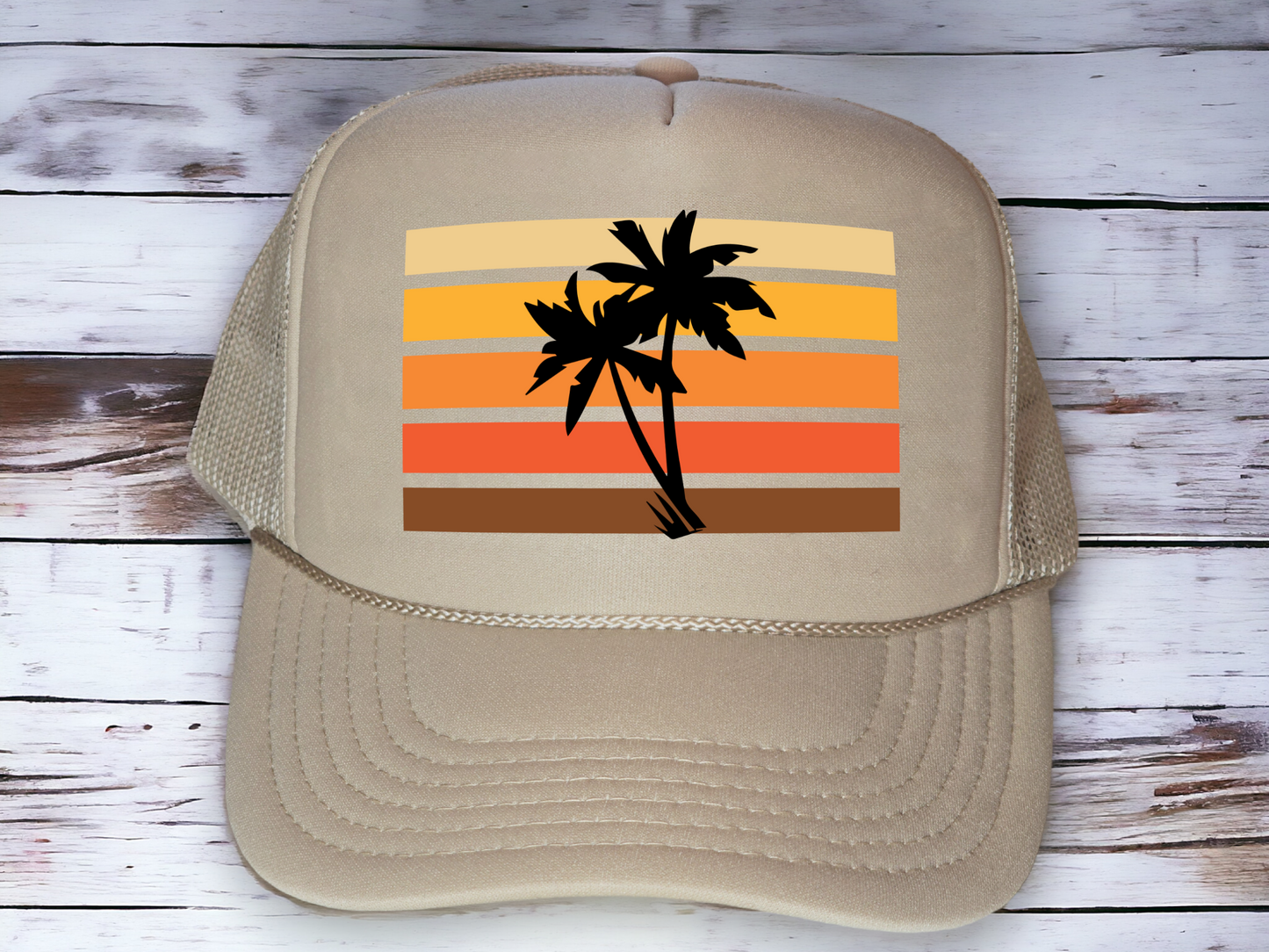 Retro Sunset & Palm Striped Trucker Hat