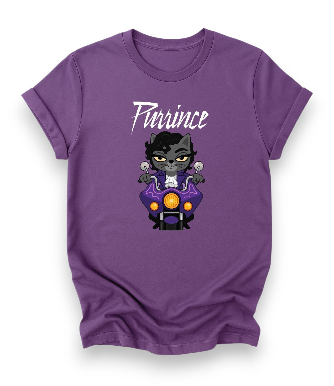 Purple t-shirt with a cat graphic and 'Purince' text on a white background
