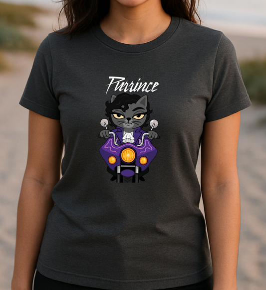 Woman wearing a black t-shirt with a graphic design of a cat on a motorcycle and the word 'Furine'.